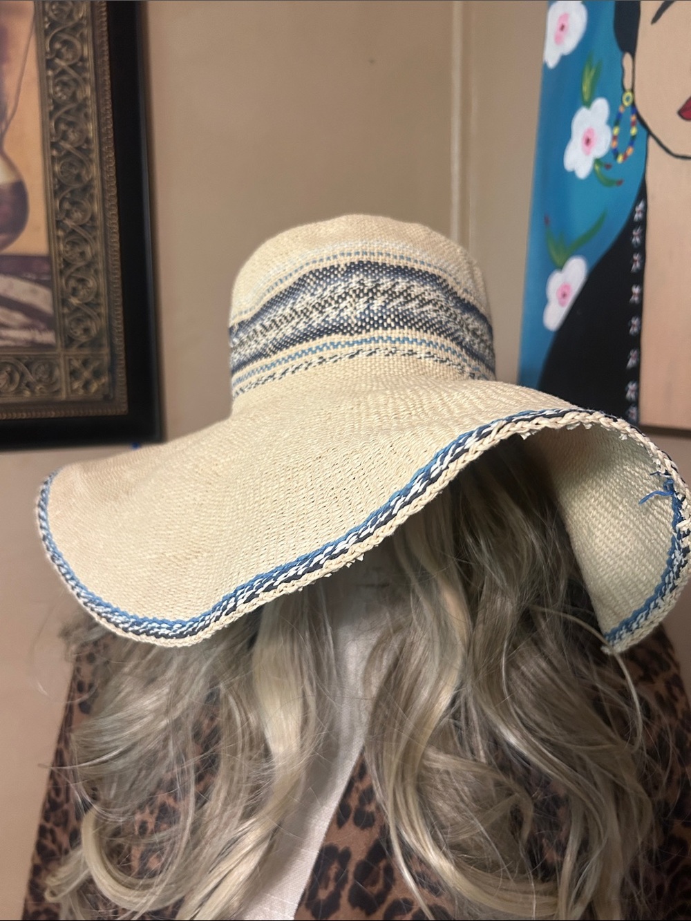 Women's Wide Brim Straw Sun Hat with Blue Trim